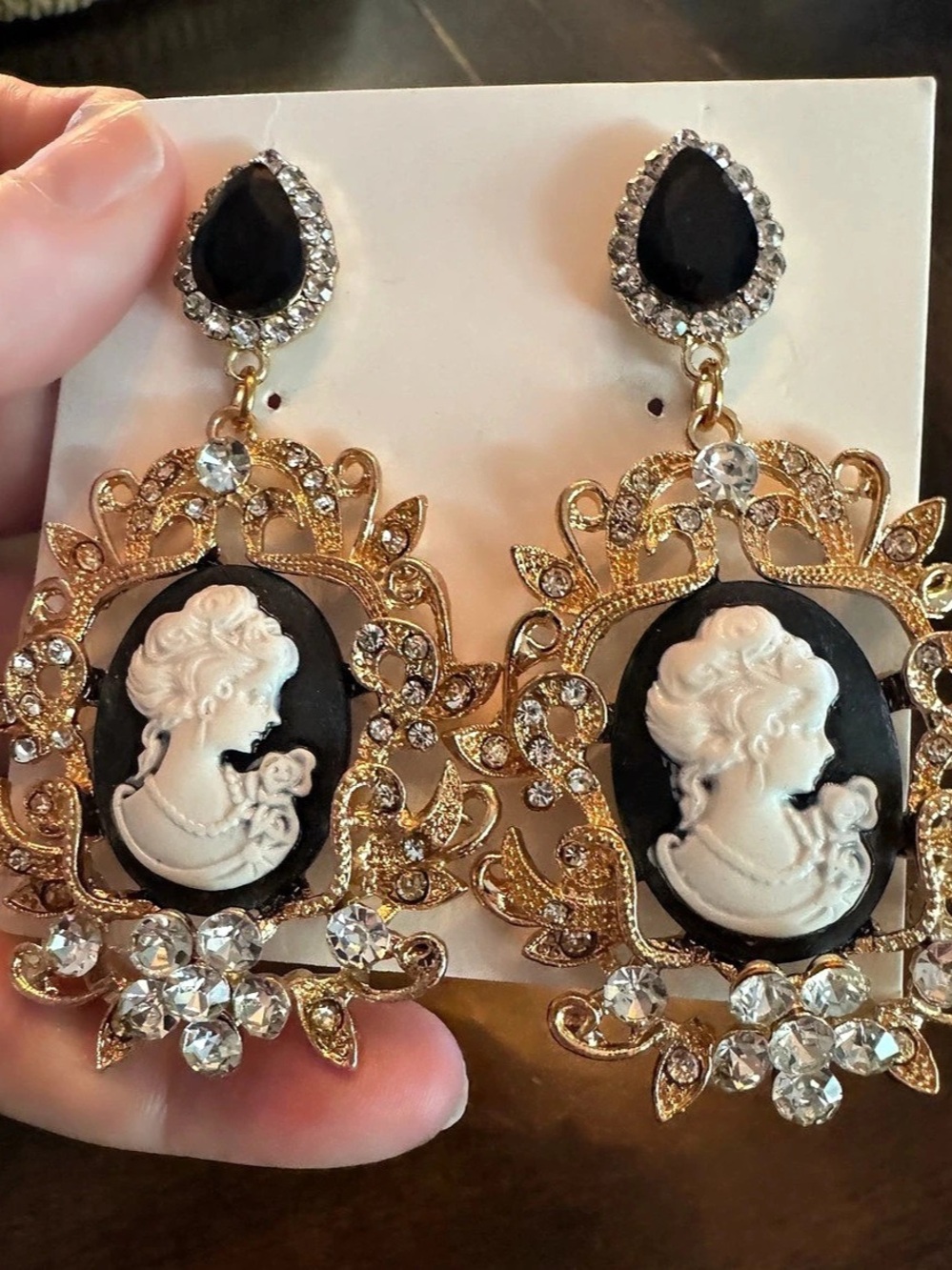 Cameo Statement Earrings in Gold & Black with crystals nearly 4” long .New